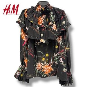 H&M Frill Trimmed Chiffon Blouse Dark Floral Ruffle High Neck Gothic | Sz XXL